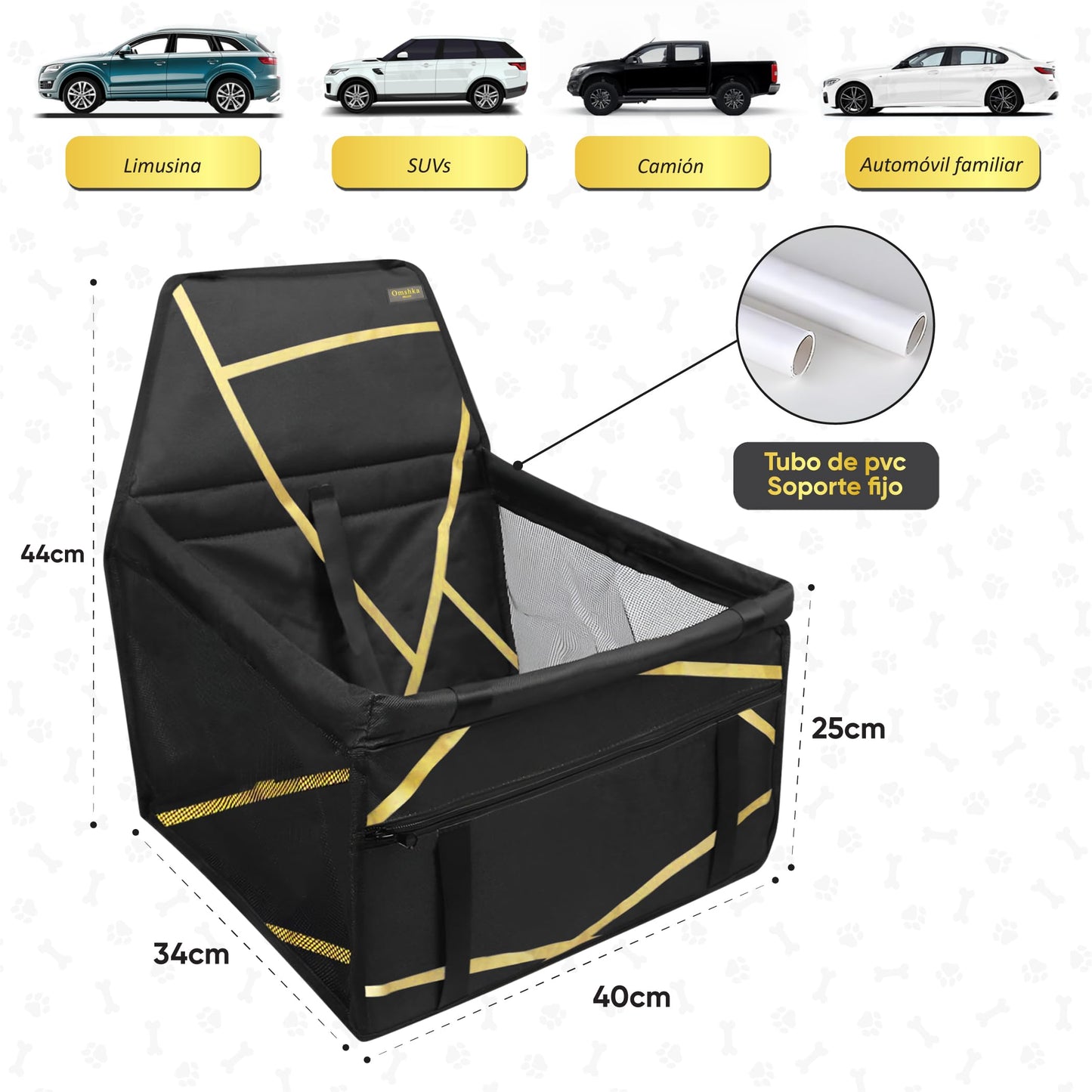 OMSHKA- Transportín Perro Coche | Transportin Coche Perro con Protector de Asiento para Mascotas, Compatible con la Mayoría de Vehículos, con Soporte para el Asiento | Transportín Plegable Perro