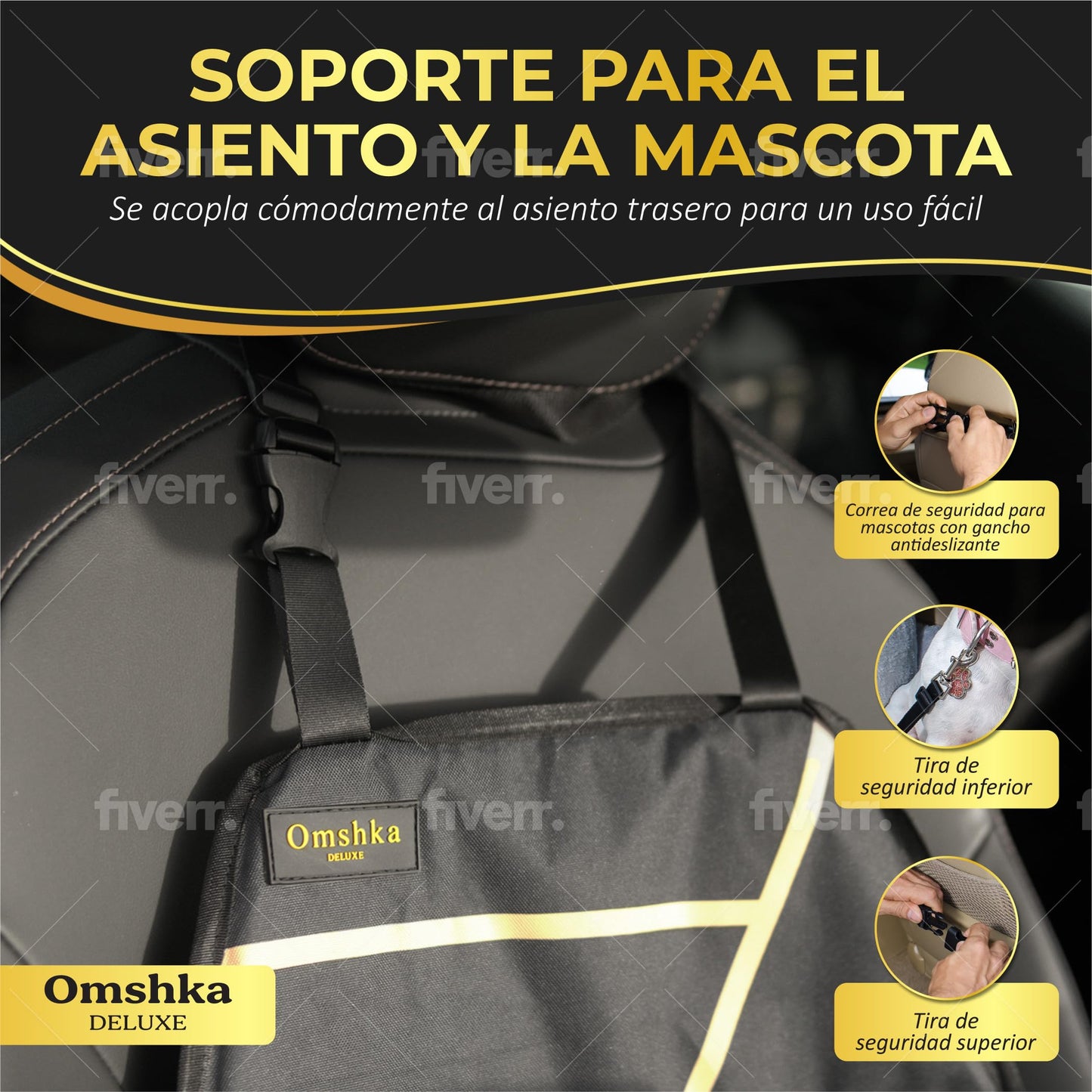 OMSHKA- Transportín Perro Coche | Transportin Coche Perro con Protector de Asiento para Mascotas, Compatible con la Mayoría de Vehículos, con Soporte para el Asiento | Transportín Plegable Perro