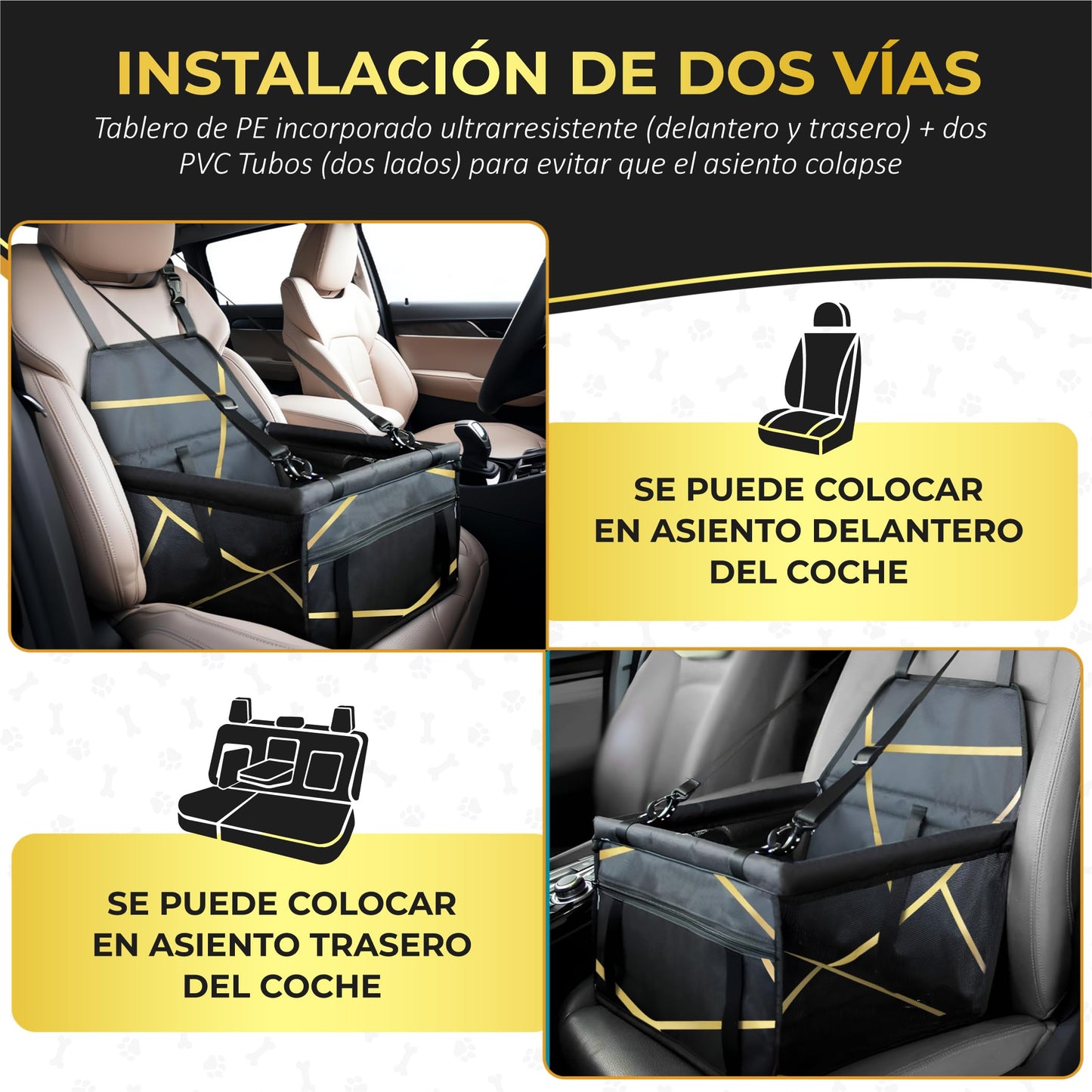 OMSHKA- Transportín Perro Coche | Transportin Coche Perro con Protector de Asiento para Mascotas, Compatible con la Mayoría de Vehículos, con Soporte para el Asiento | Transportín Plegable Perro