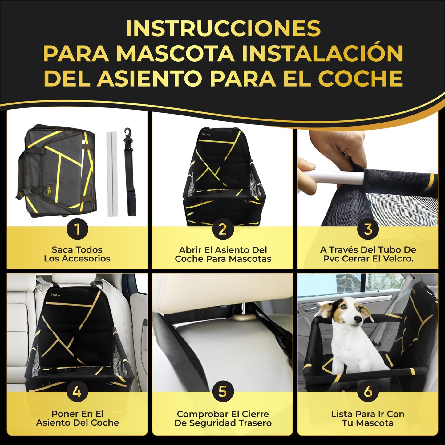 OMSHKA- Transportín Perro Coche | Transportin Coche Perro con Protector de Asiento para Mascotas, Compatible con la Mayoría de Vehículos, con Soporte para el Asiento | Transportín Plegable Perro