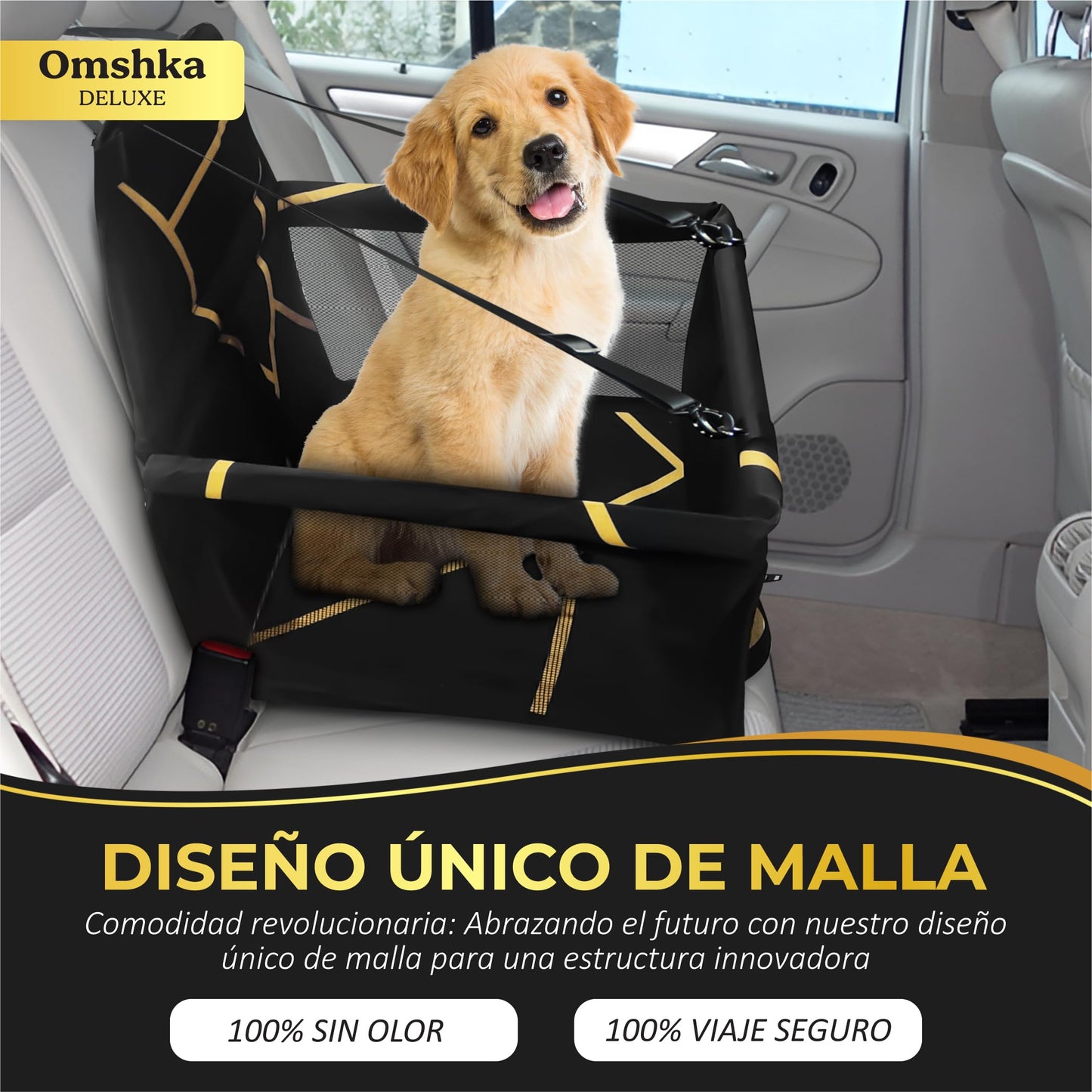 OMSHKA- Transportín Perro Coche | Transportin Coche Perro con Protector de Asiento para Mascotas, Compatible con la Mayoría de Vehículos, con Soporte para el Asiento | Transportín Plegable Perro