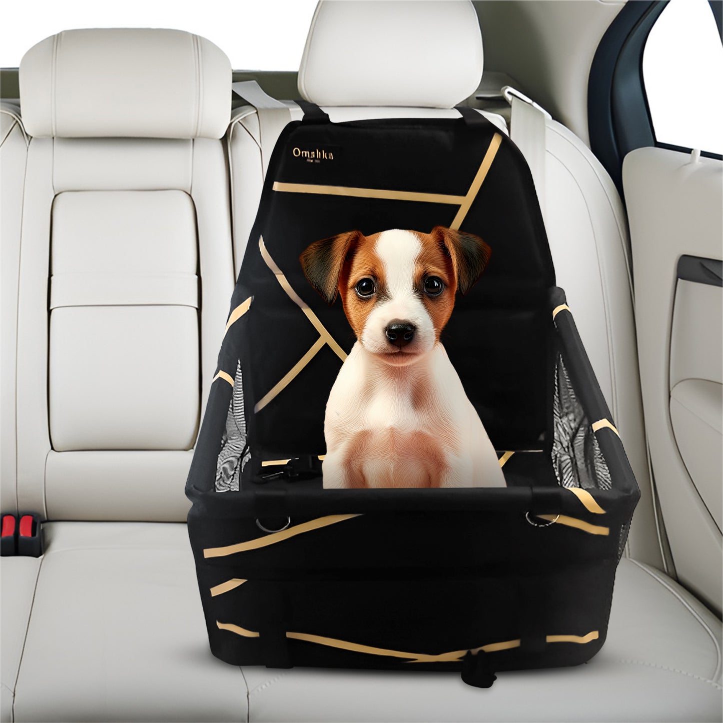 OMSHKA- Transportín Perro Coche | Transportin Coche Perro con Protector de Asiento para Mascotas, Compatible con la Mayoría de Vehículos, con Soporte para el Asiento | Transportín Plegable Perro